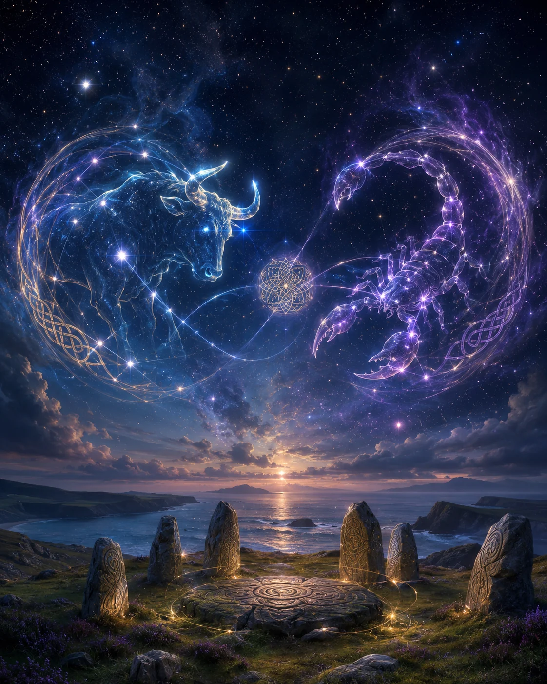 Two celestial signs connected under a starry sky
