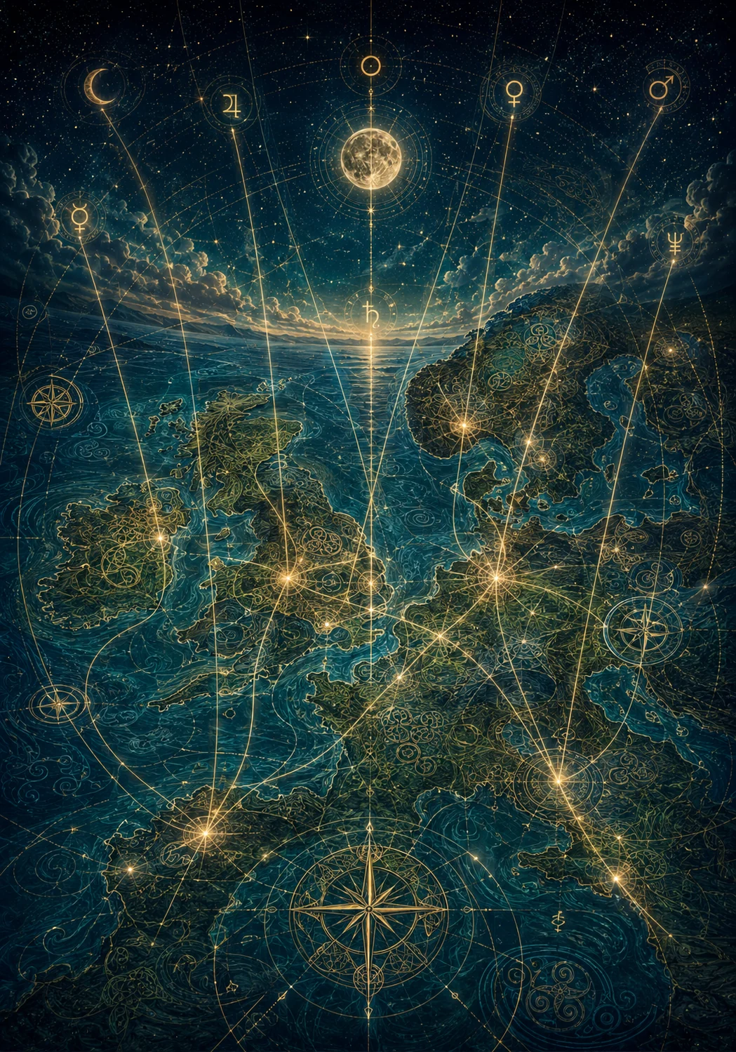 Celestial map of the British Isles and Europe