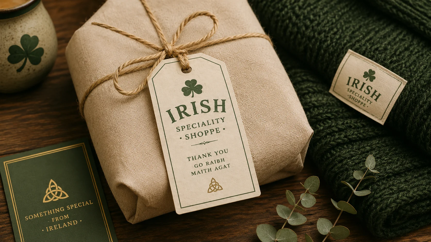 A thoughtfully wrapped Irish speciality shoppe parcel with a thank-you tag