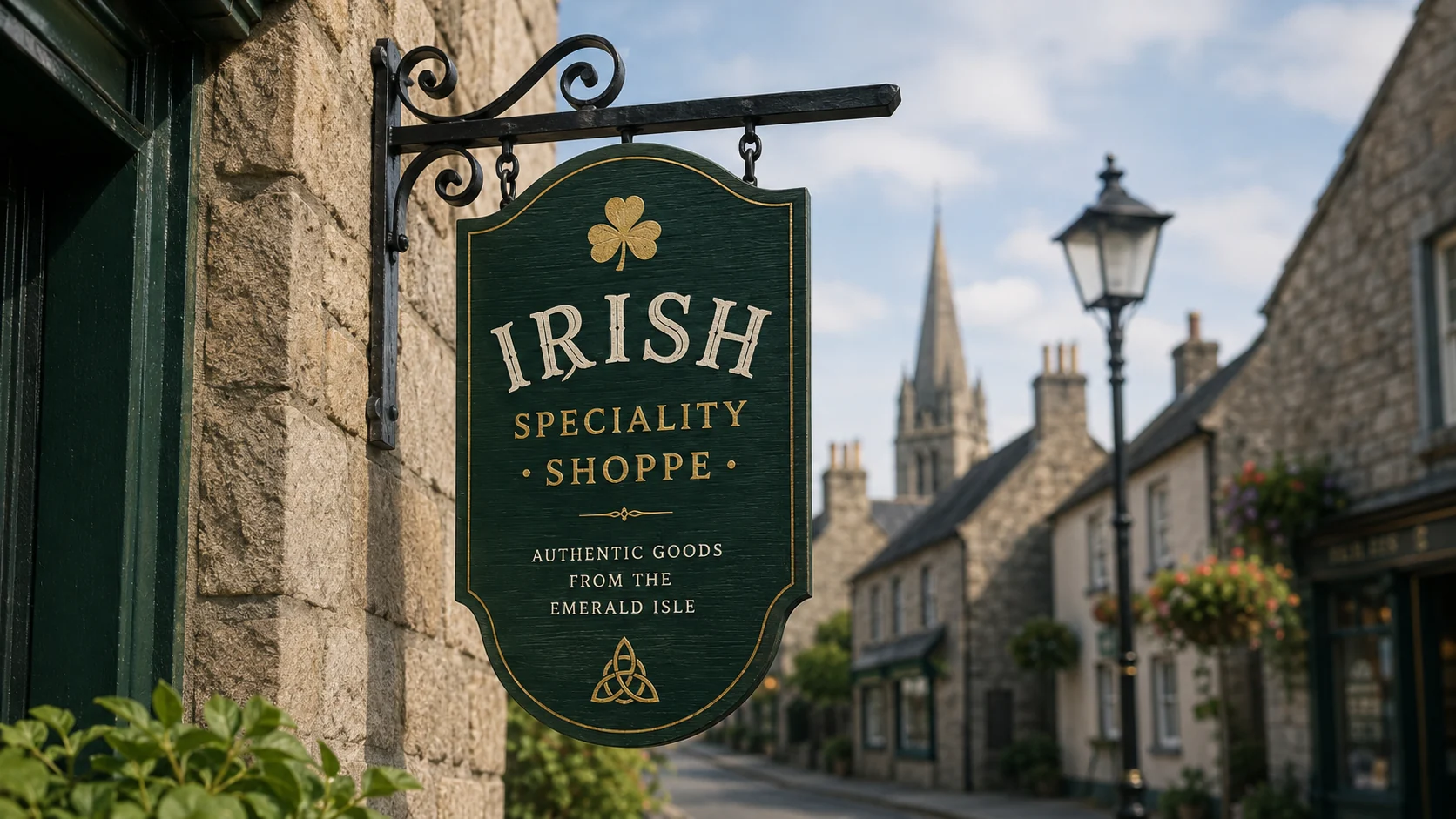 Irish Speciality Shoppe sign on a stone village street